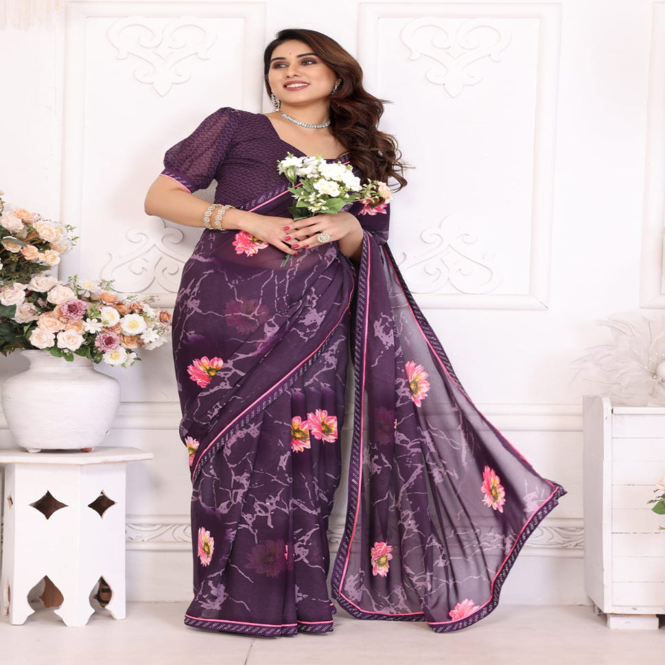 Elegant Olive Brown Floral Printed Saree with Pink Flower Design – Stylish Party & Casual Wear