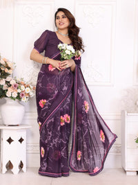 Elegant Olive Brown Floral Printed Saree with Pink Flower Design – Stylish Party & Casual Wear