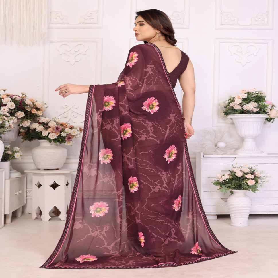 Elegant Olive Brown Floral Printed Saree with Pink Flower Design – Stylish Party & Casual Wear