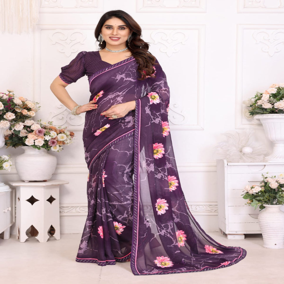 Elegant Olive Brown Floral Printed Saree with Pink Flower Design – Stylish Party & Casual Wear