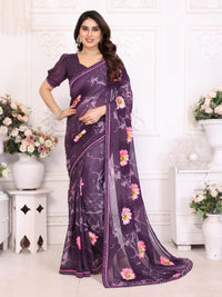 Elegant Olive Brown Floral Printed Saree with Pink Flower Design – Stylish Party & Casual Wear
