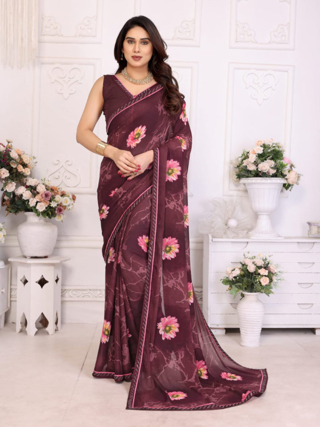 Elegant Olive Brown Floral Printed Saree with Pink Flower Design – Stylish Party & Casual Wear
