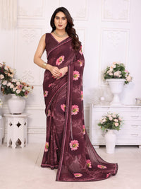 Elegant Olive Brown Floral Printed Saree with Pink Flower Design – Stylish Party & Casual Wear