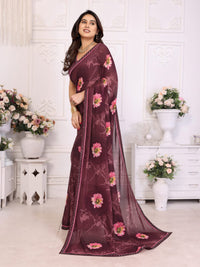 Elegant Olive Brown Floral Printed Saree with Pink Flower Design – Stylish Party & Casual Wear