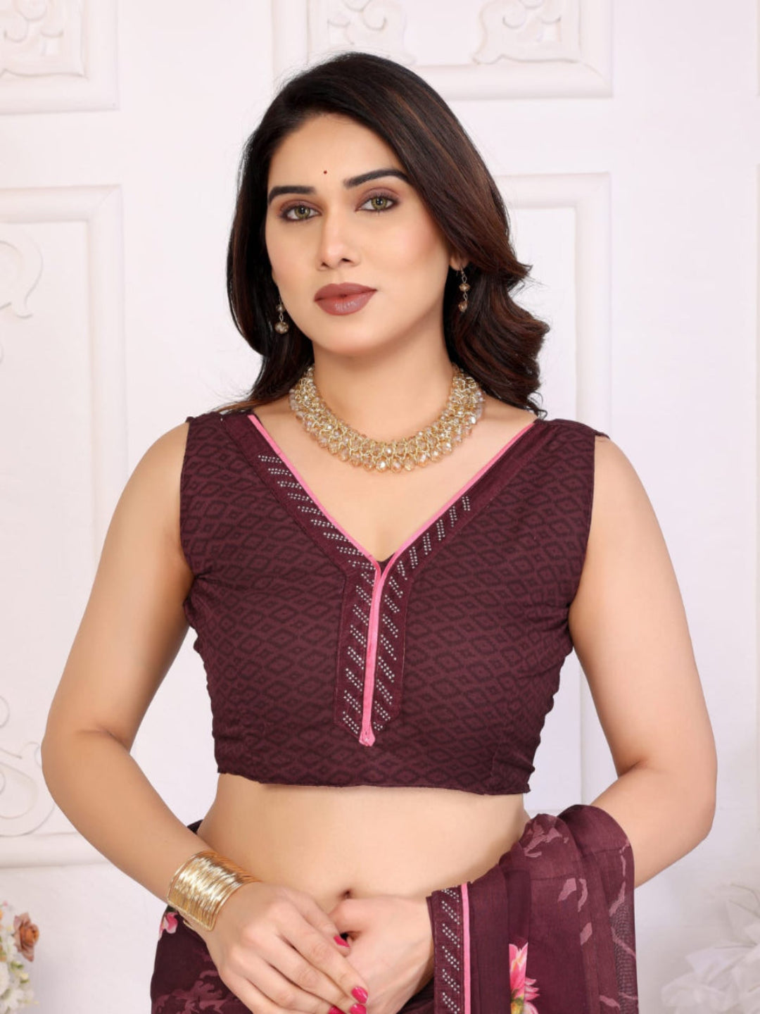 Elegant Olive Brown Floral Printed Saree with Pink Flower Design – Stylish Party & Casual Wear