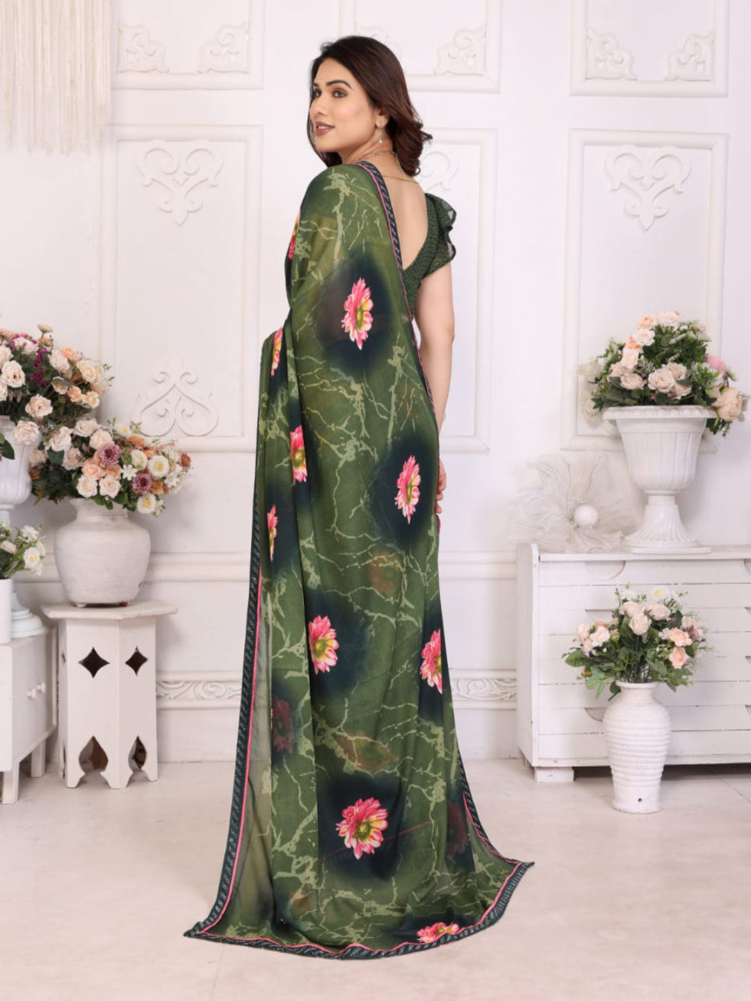 Elegant Olive Brown Floral Printed Saree with Pink Flower Design – Stylish Party & Casual Wear