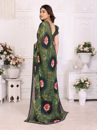 Elegant Olive Brown Floral Printed Saree with Pink Flower Design – Stylish Party & Casual Wear