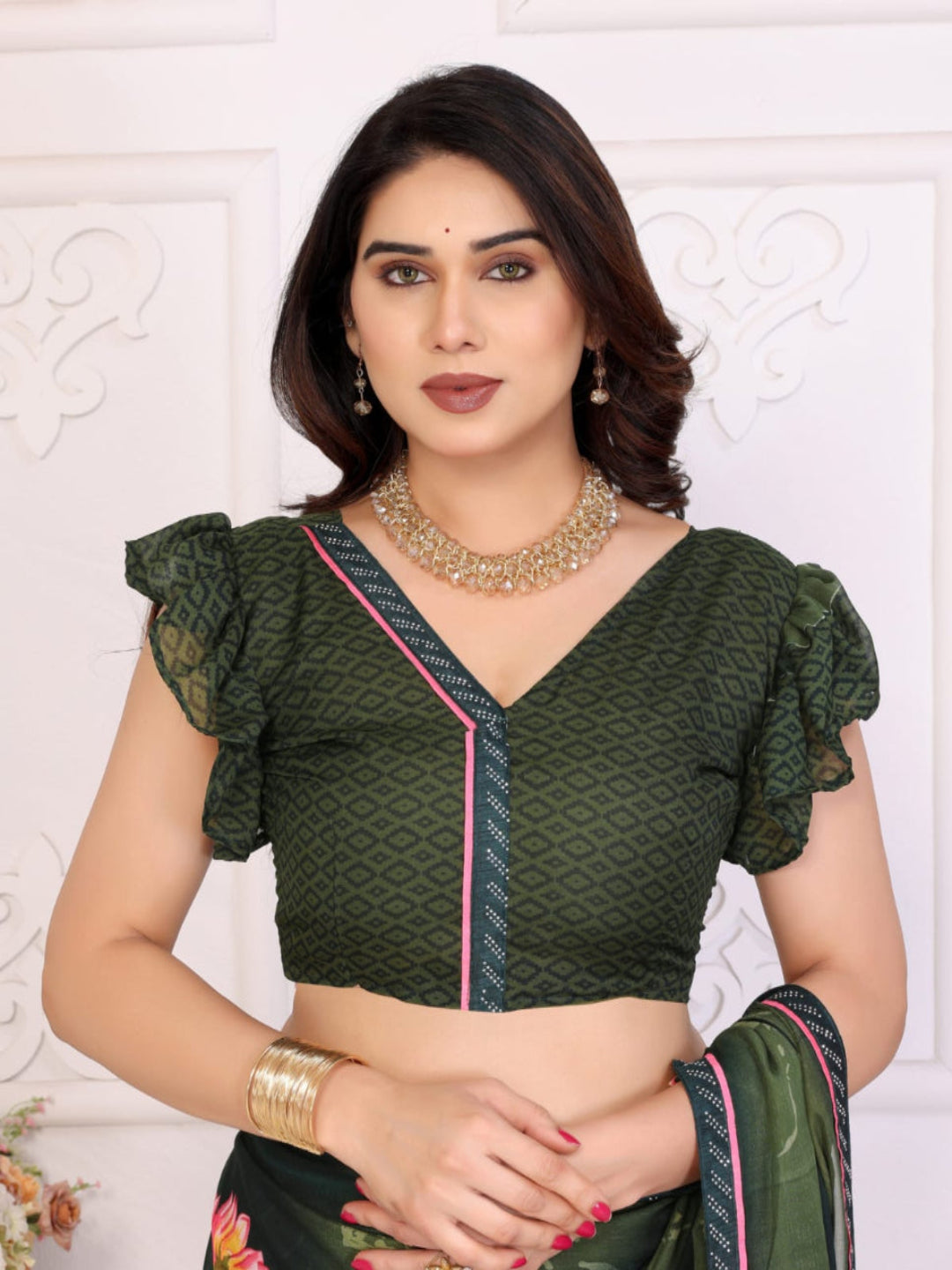 Elegant Olive Brown Floral Printed Saree with Pink Flower Design – Stylish Party & Casual Wear