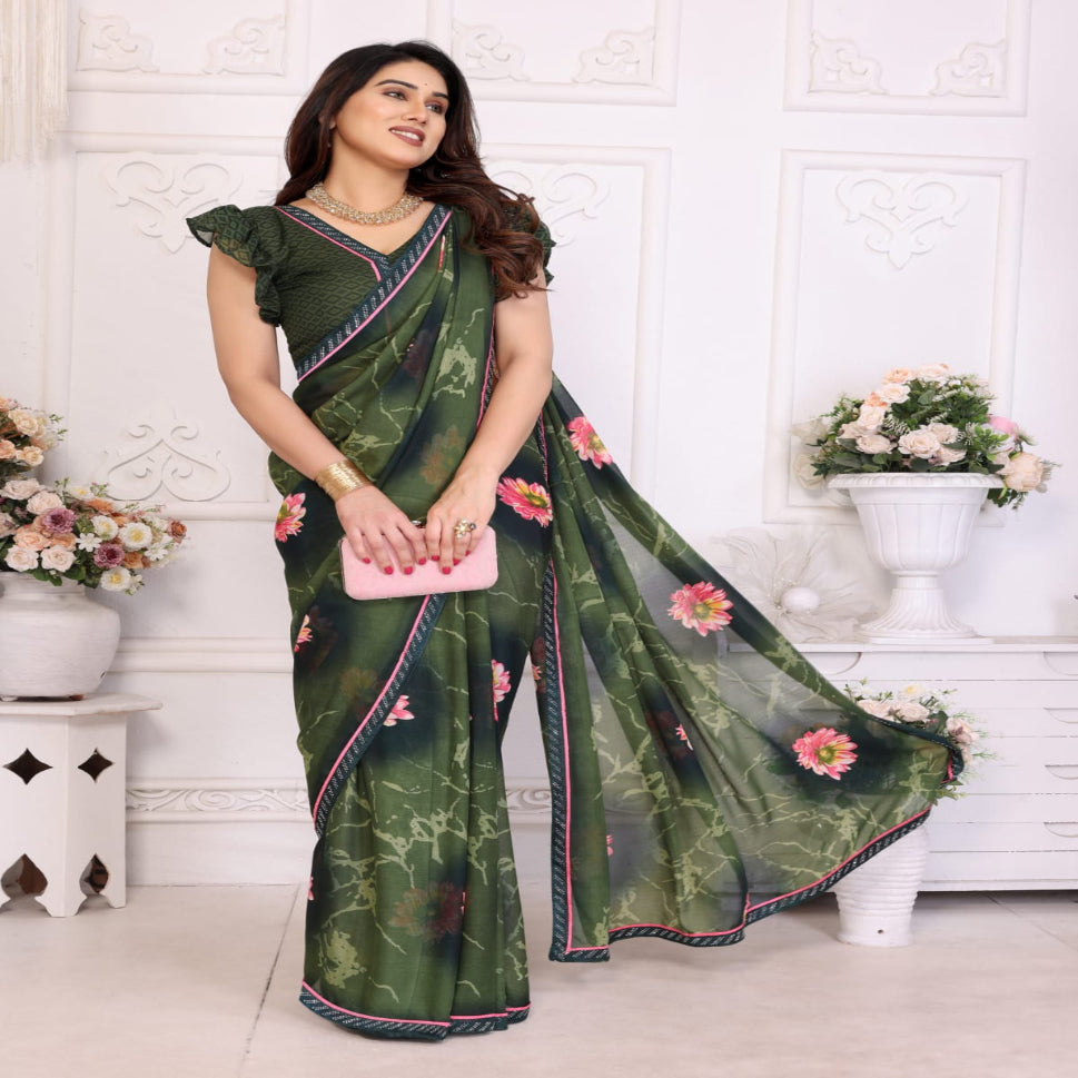 Elegant Olive Brown Floral Printed Saree with Pink Flower Design – Stylish Party & Casual Wear