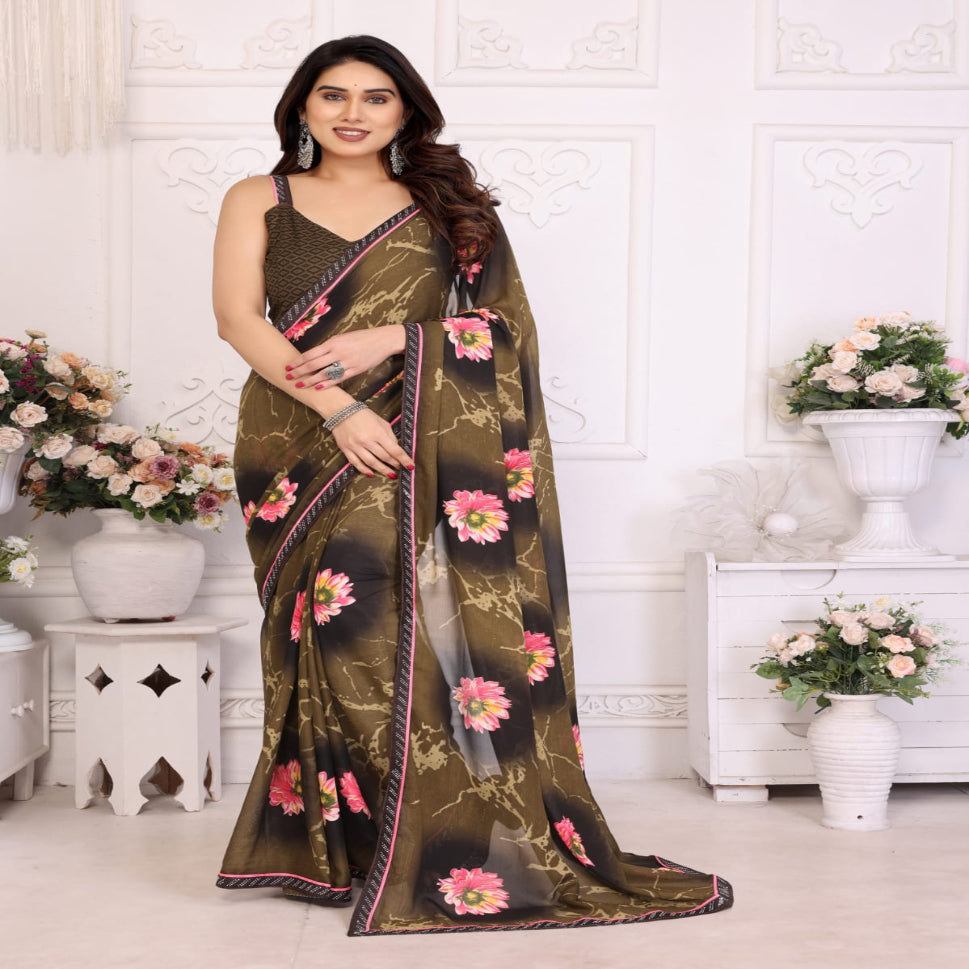 Elegant Olive Brown Floral Printed Saree with Pink Flower Design – Stylish Party & Casual Wear
