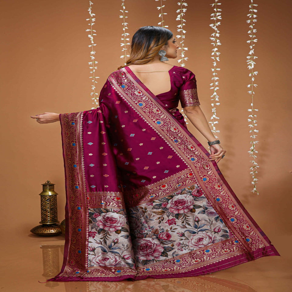 Elegant Wine Maroon Floral Printed Zari Border Saree with Designer Pallu – Festive & Wedding Wear