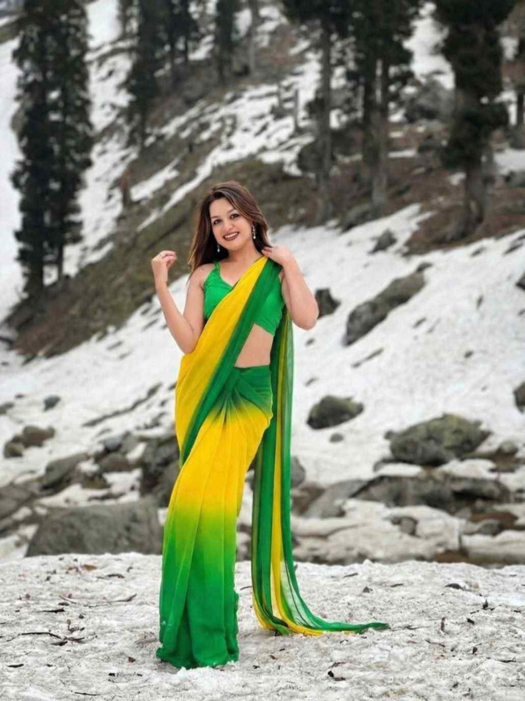 Stylish Green Yellow Ombre Chiffon Saree with Gradient Design – Trendy Party & Casual Wear