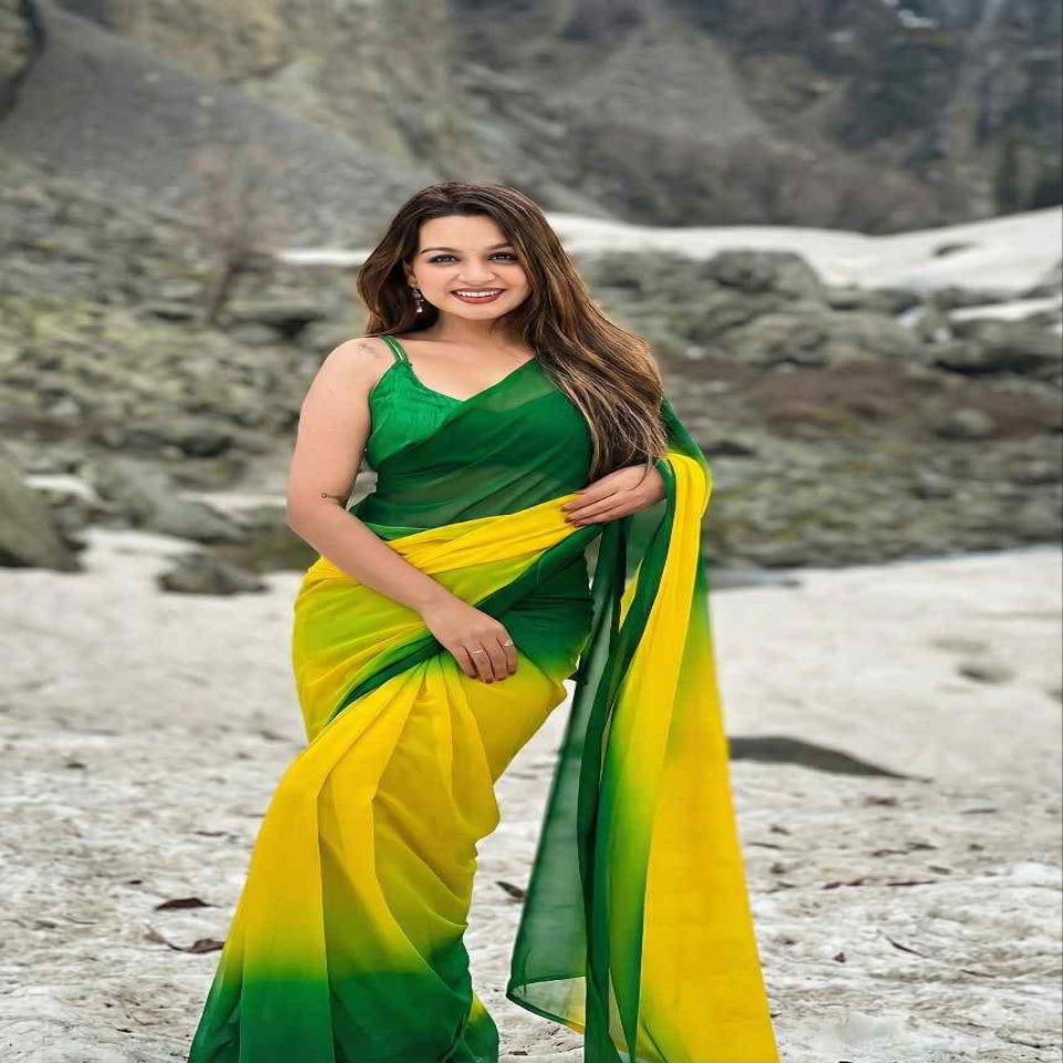 Stylish Green Yellow Ombre Chiffon Saree with Gradient Design – Trendy Party & Casual Wear