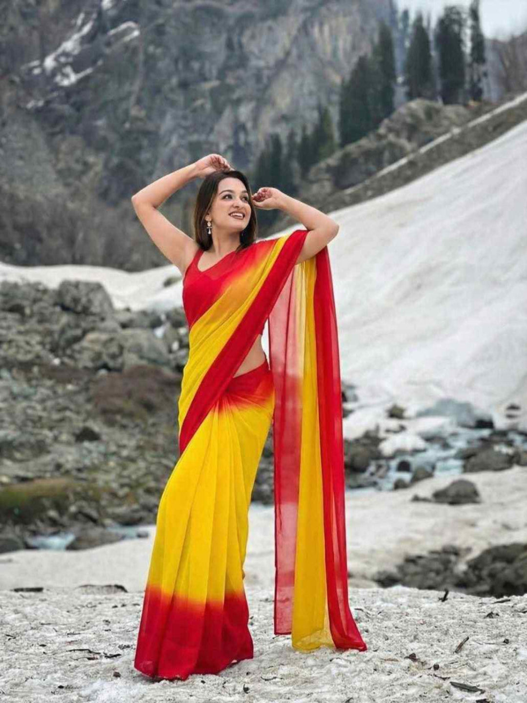 Stylish Green Yellow Ombre Chiffon Saree with Gradient Design – Trendy Party & Casual Wear