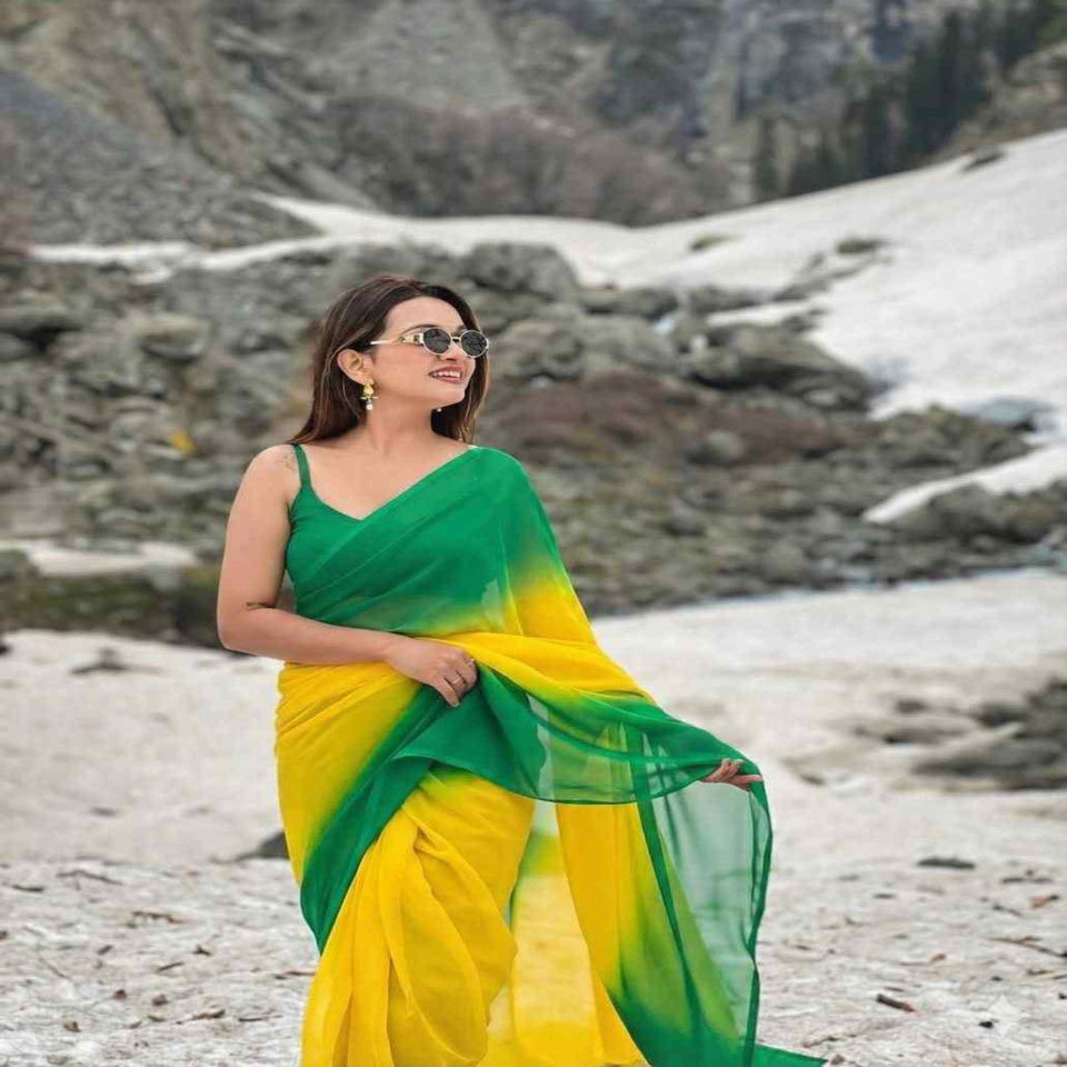 Stylish Green Yellow Ombre Chiffon Saree with Gradient Design – Trendy Party & Casual Wear
