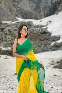 Stylish Green Yellow Ombre Chiffon Saree with Gradient Design – Trendy Party & Casual Wear