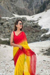Stylish Green Yellow Ombre Chiffon Saree with Gradient Design – Trendy Party & Casual Wear