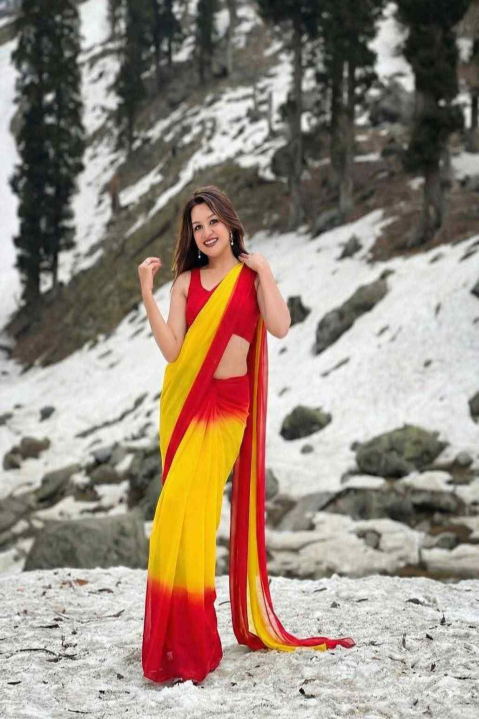 Stylish Green Yellow Ombre Chiffon Saree with Gradient Design – Trendy Party & Casual Wear