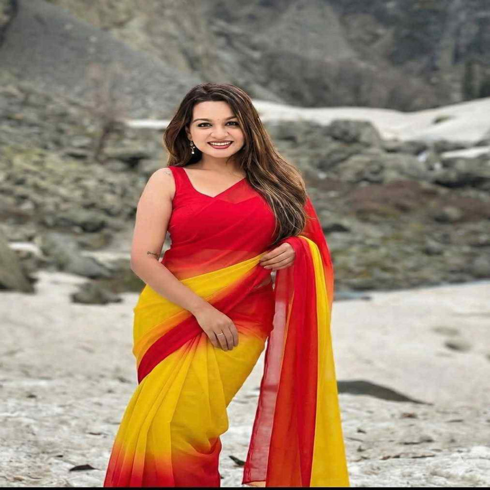 Stylish Green Yellow Ombre Chiffon Saree with Gradient Design – Trendy Party & Casual Wear