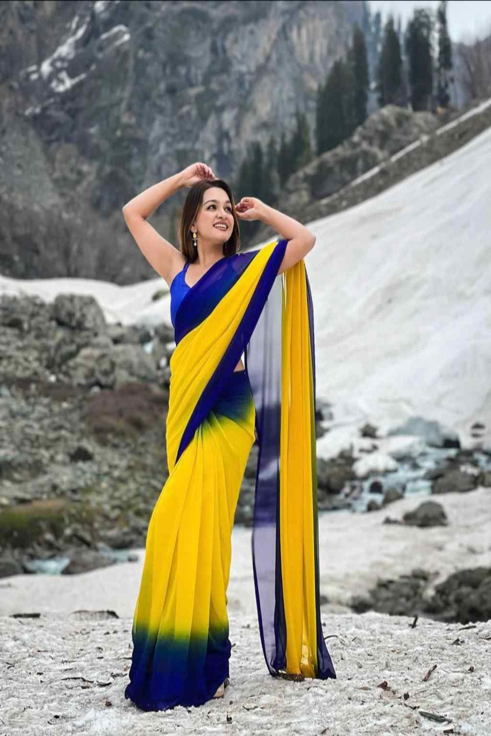 Stylish Green Yellow Ombre Chiffon Saree with Gradient Design – Trendy Party & Casual Wear