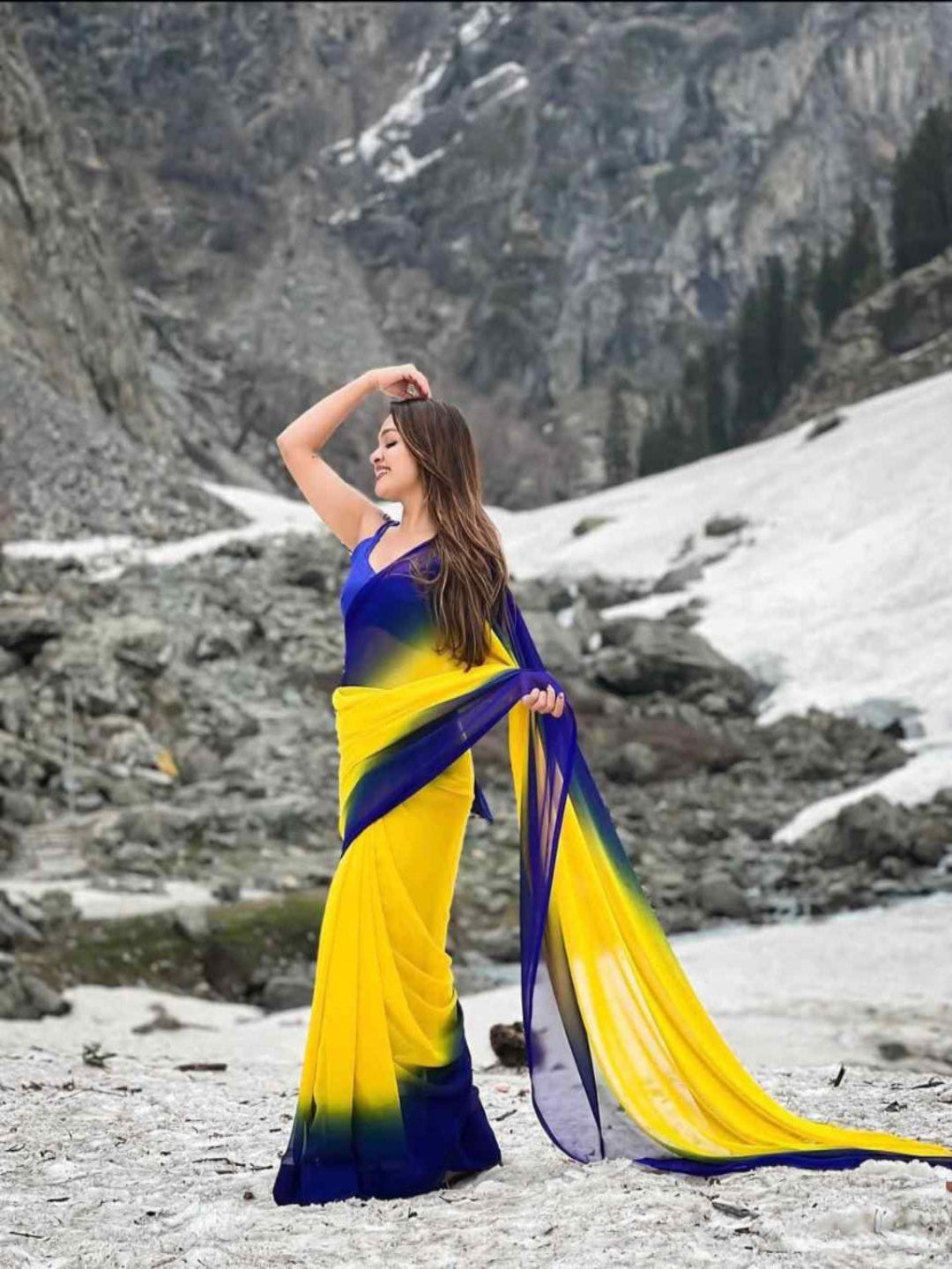 Stylish Green Yellow Ombre Chiffon Saree with Gradient Design – Trendy Party & Casual Wear