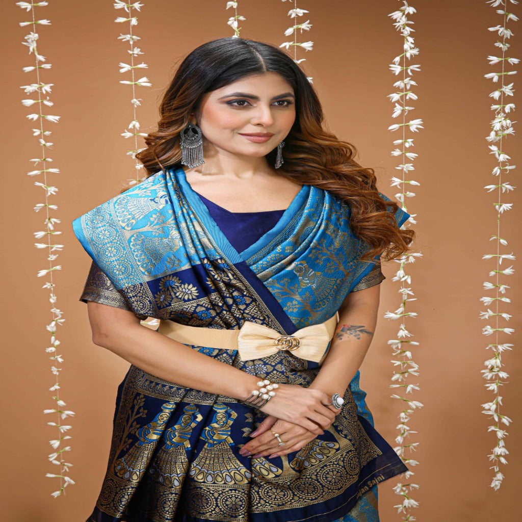 Elegant Royal Blue Banarasi Style Saree with Rich Designer Pallu – Festive & Wedding Wear