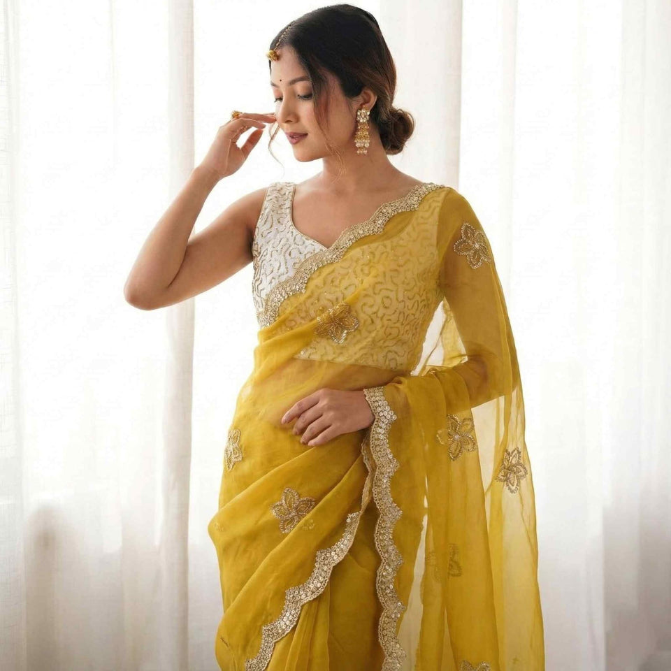 Elegant Mustard Yellow Embroidered Saree with Golden Designer Border – Festive & Party Wear