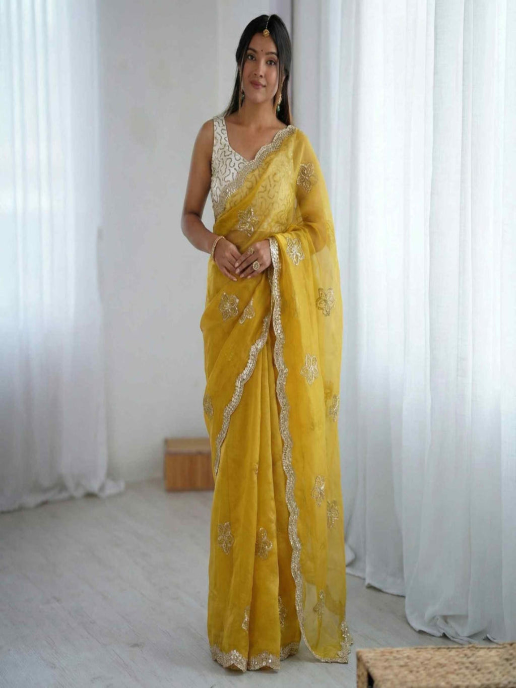 Elegant Mustard Yellow Embroidered Saree with Golden Designer Border – Festive & Party Wear