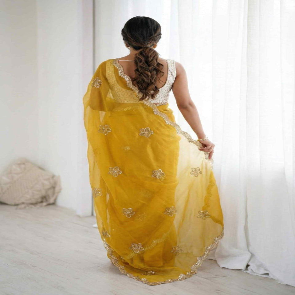 Elegant Mustard Yellow Embroidered Saree with Golden Designer Border – Festive & Party Wear