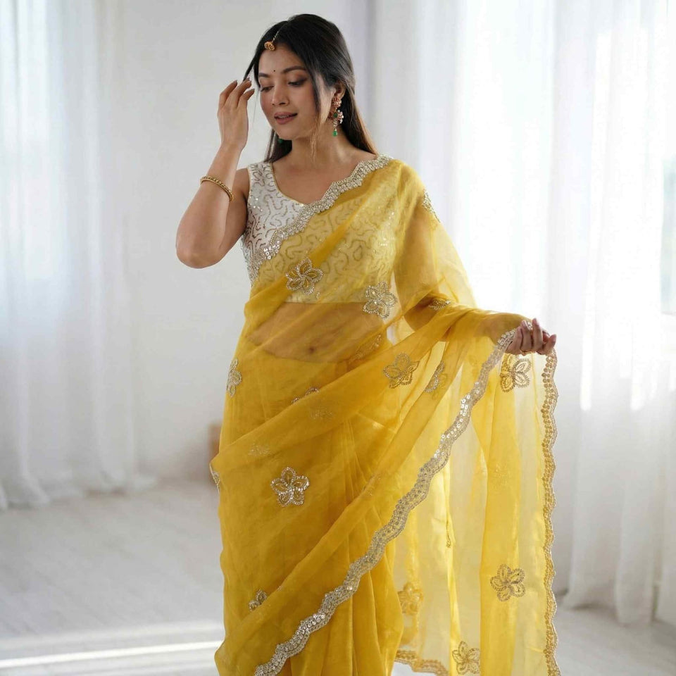 Elegant Mustard Yellow Embroidered Saree with Golden Designer Border – Festive & Party Wear