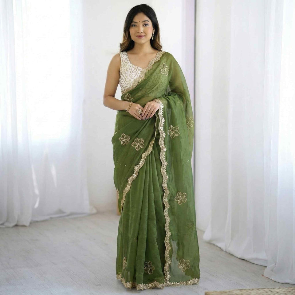 Elegant Mustard Yellow Embroidered Saree with Golden Designer Border – Festive & Party Wear