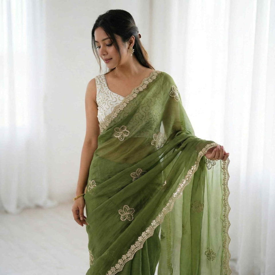 Elegant Mustard Yellow Embroidered Saree with Golden Designer Border – Festive & Party Wear