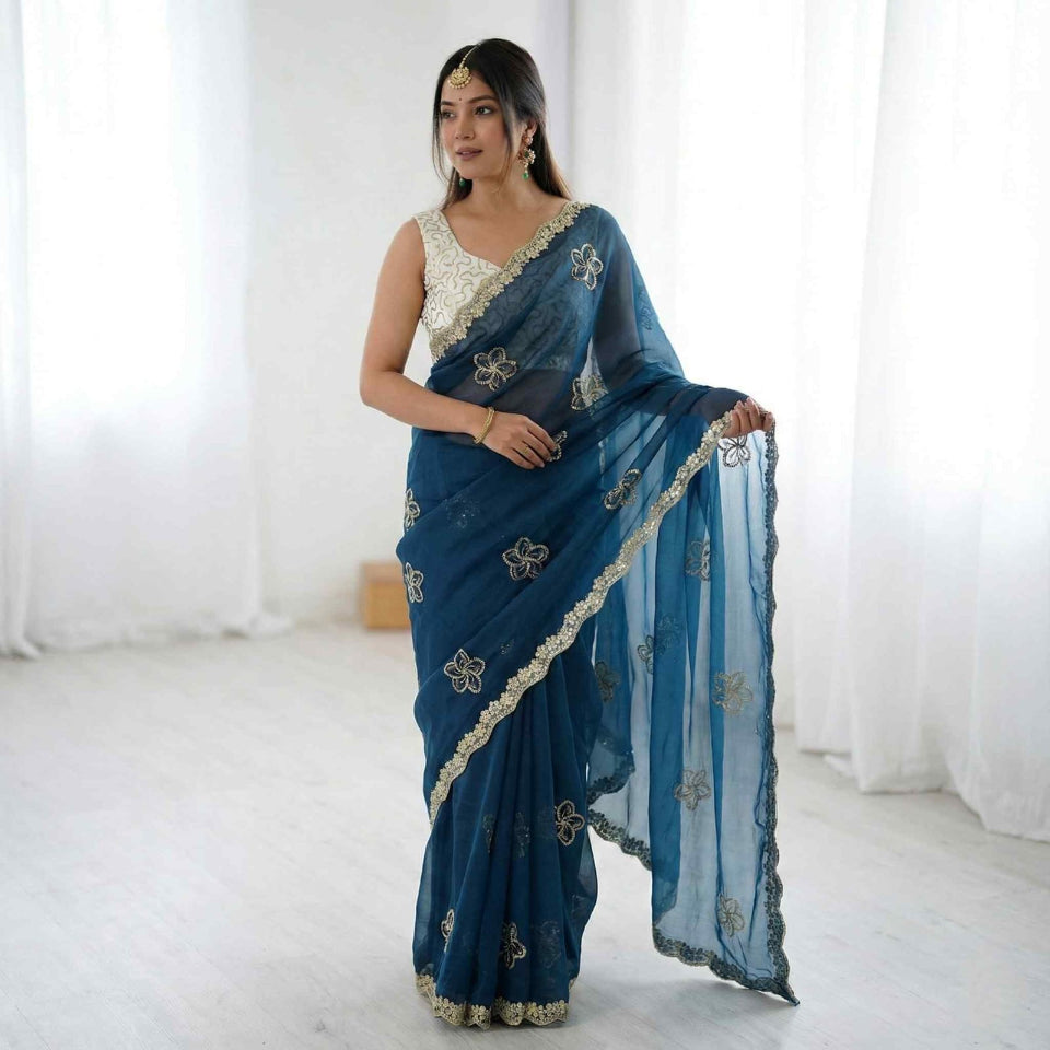 Elegant Mustard Yellow Embroidered Saree with Golden Designer Border – Festive & Party Wear