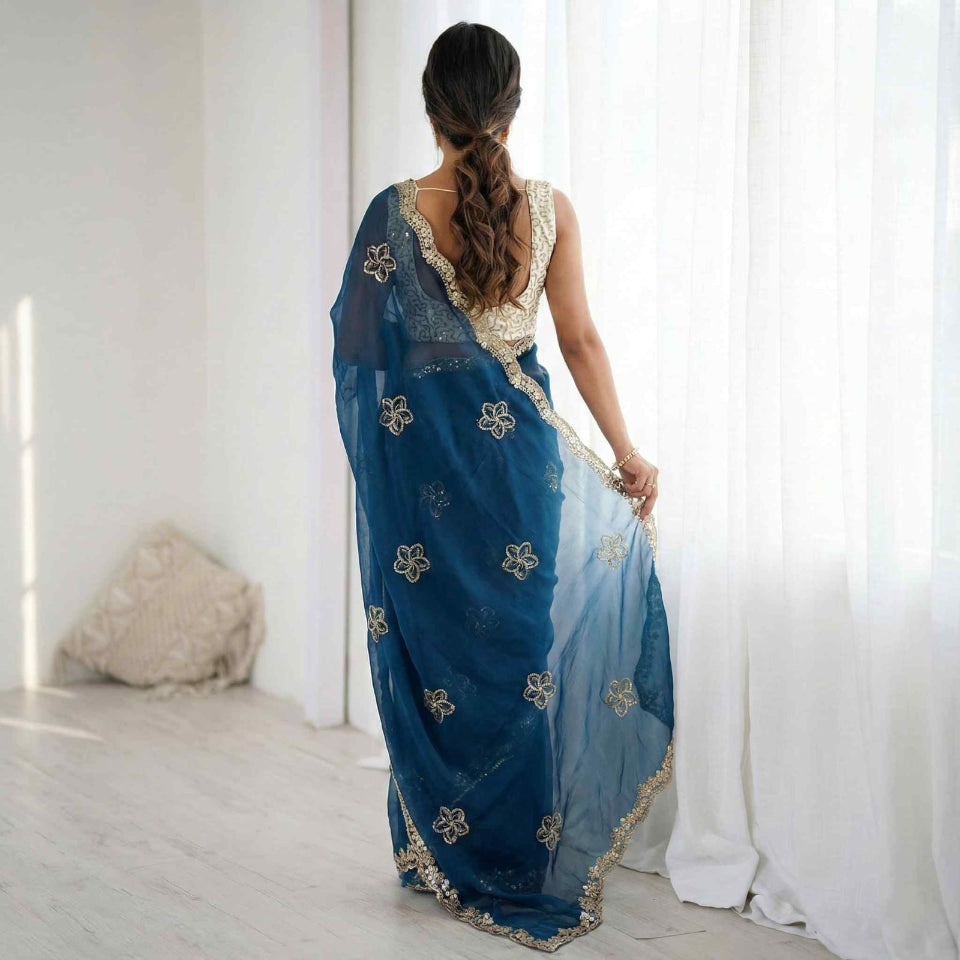 Elegant Mustard Yellow Embroidered Saree with Golden Designer Border – Festive & Party Wear