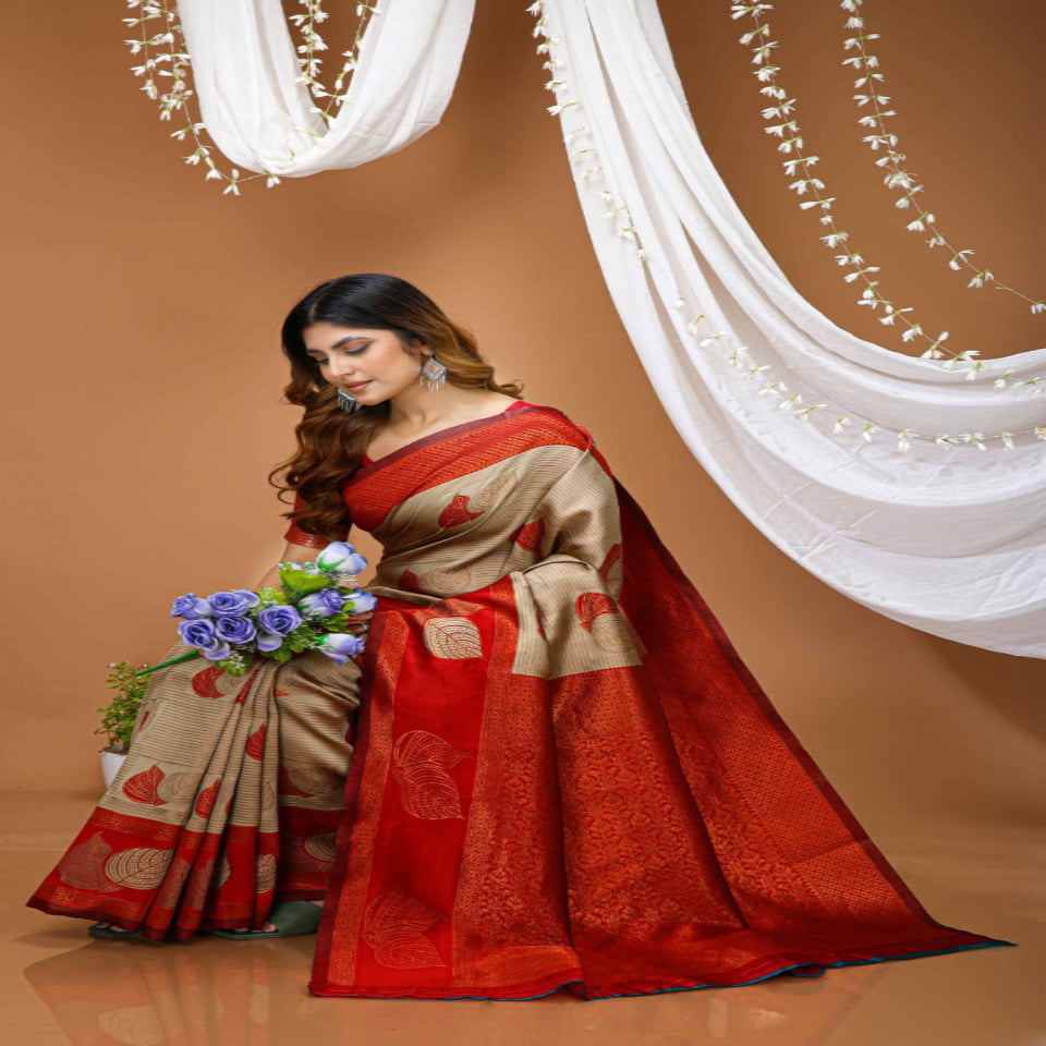 Elegant Beige & Red Zari Woven Saree with Rich Designer Pallu – Festive & Wedding Wear