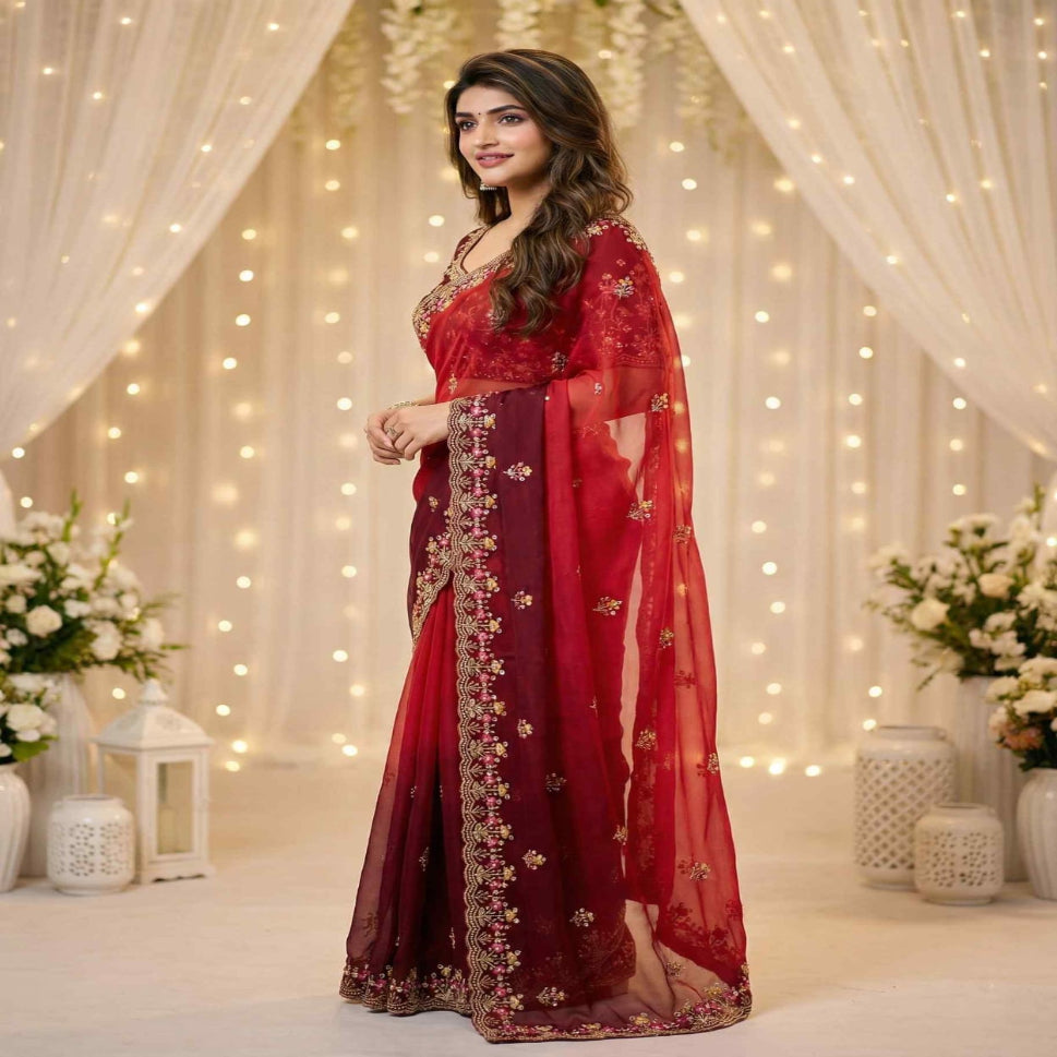 Elegant Olive Green Embroidered Saree with Floral Designer Border – Festive & Party Wear