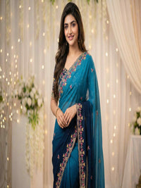 Elegant Olive Green Embroidered Saree with Floral Designer Border – Festive & Party Wear