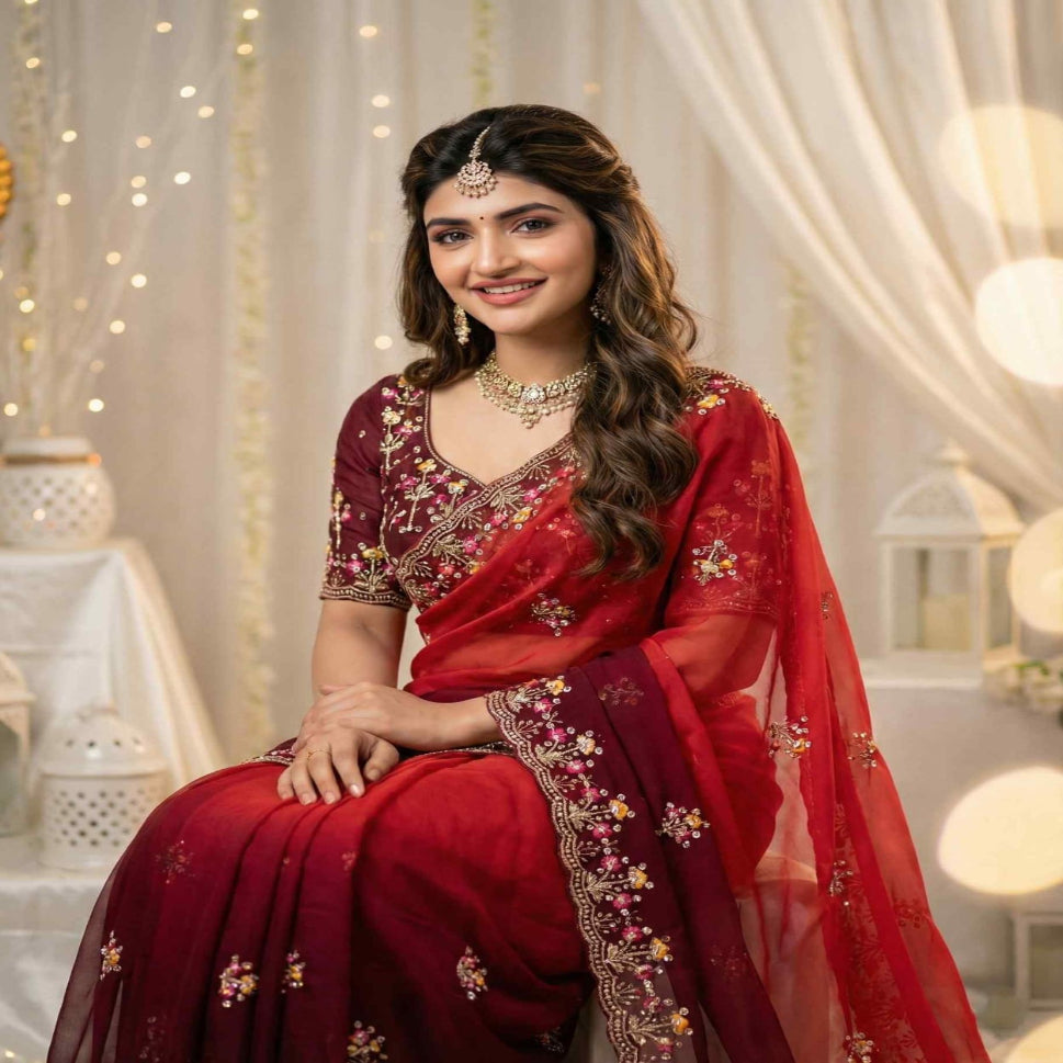 Elegant Olive Green Embroidered Saree with Floral Designer Border – Festive & Party Wear