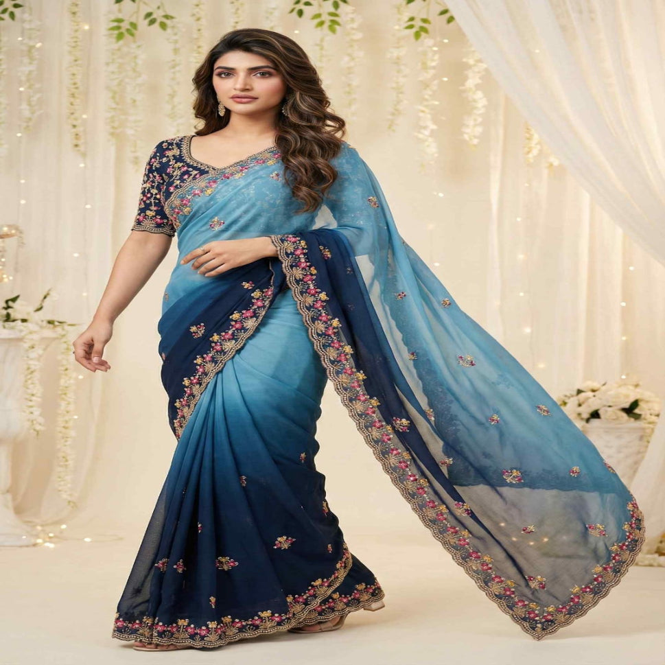 Elegant Olive Green Embroidered Saree with Floral Designer Border – Festive & Party Wear