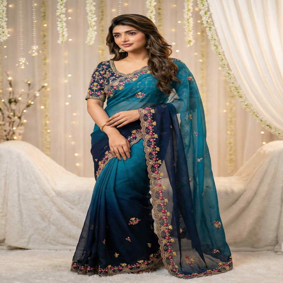 Elegant Olive Green Embroidered Saree with Floral Designer Border – Festive & Party Wear