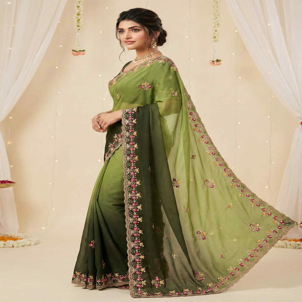 Elegant Olive Green Embroidered Saree with Floral Designer Border – Festive & Party Wear