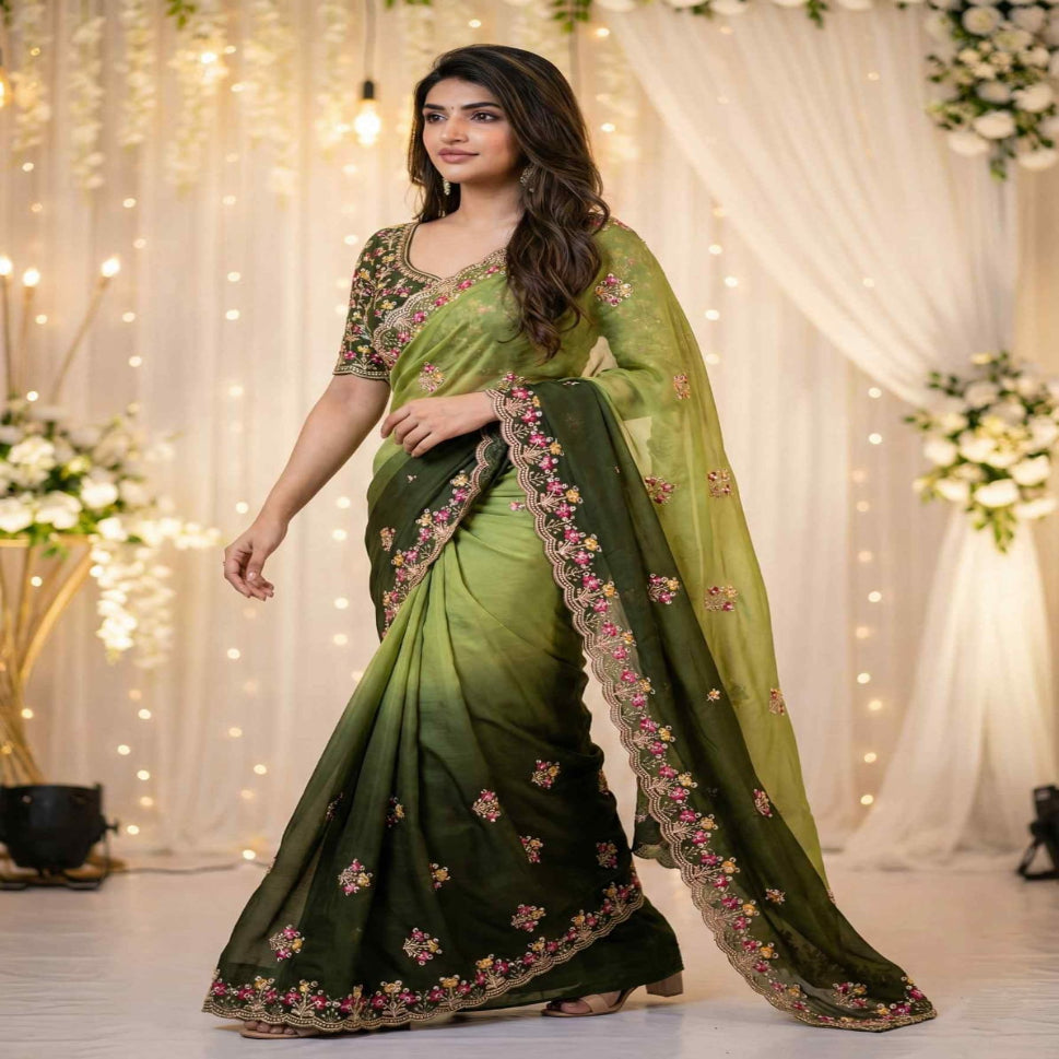 Elegant Olive Green Embroidered Saree with Floral Designer Border – Festive & Party Wear