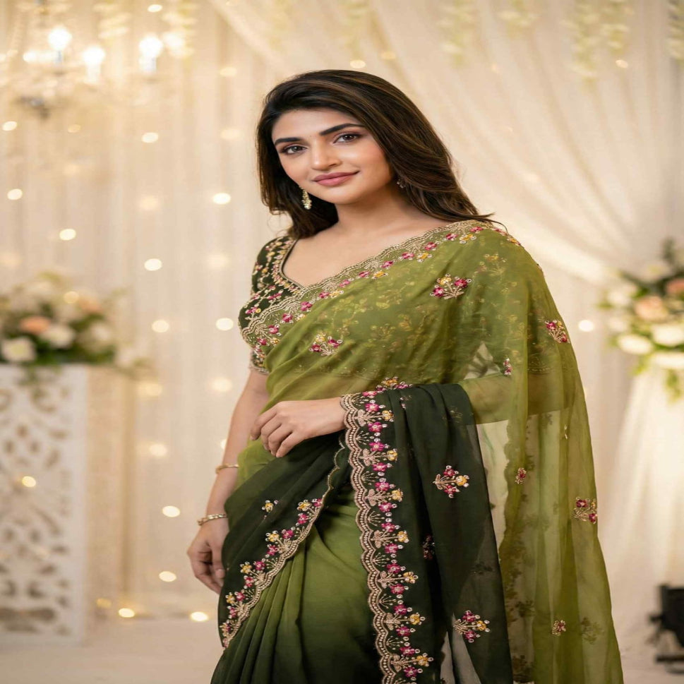 Elegant Olive Green Embroidered Saree with Floral Designer Border – Festive & Party Wear