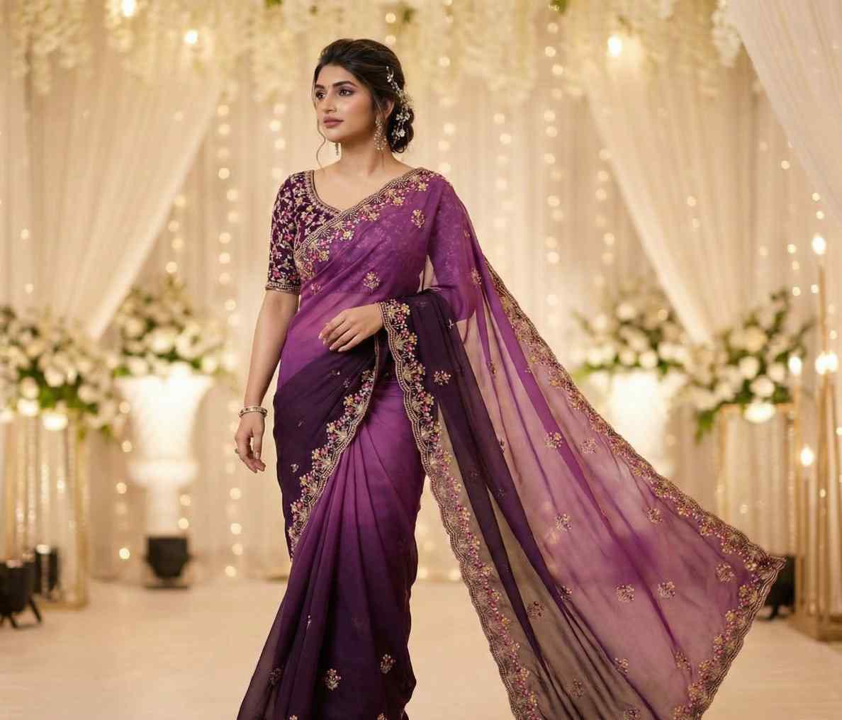 Elegant Olive Green Embroidered Saree with Floral Designer Border – Festive & Party Wear