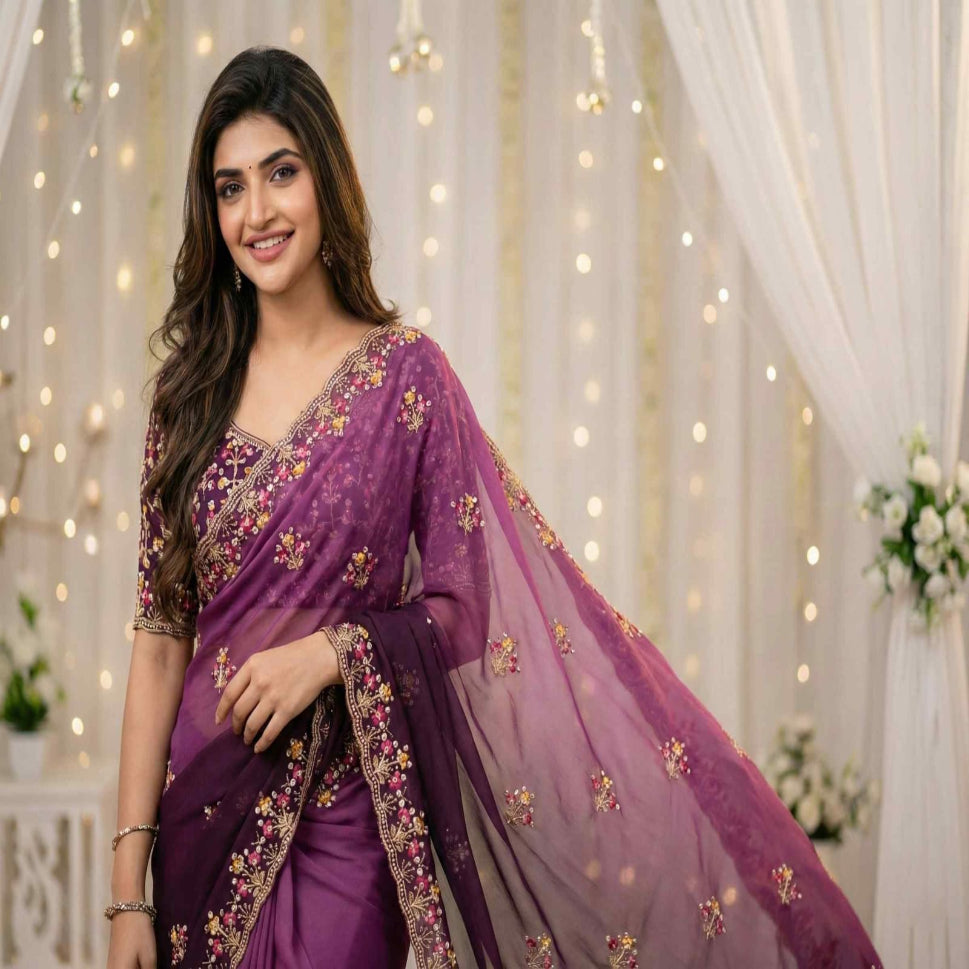 Elegant Olive Green Embroidered Saree with Floral Designer Border – Festive & Party Wear