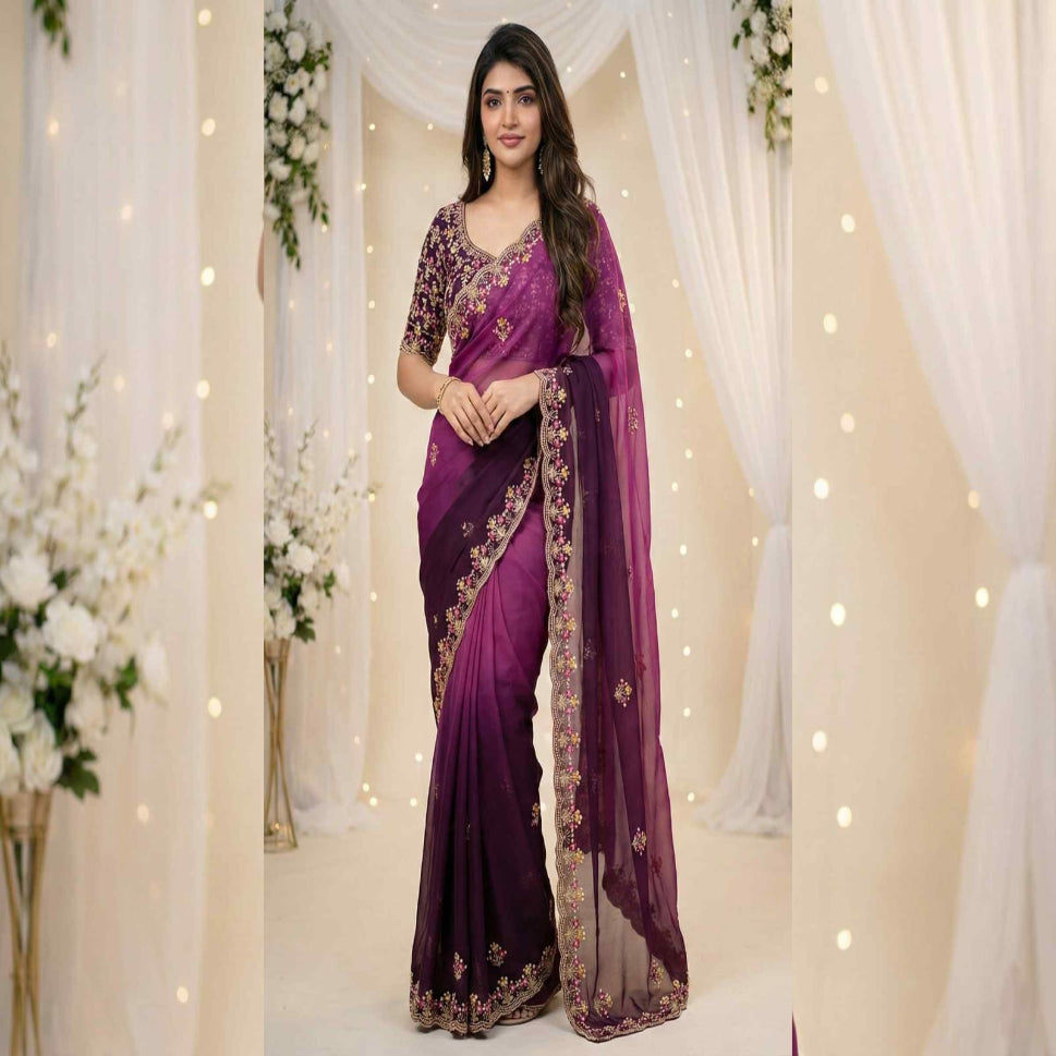 Elegant Olive Green Embroidered Saree with Floral Designer Border – Festive & Party Wear