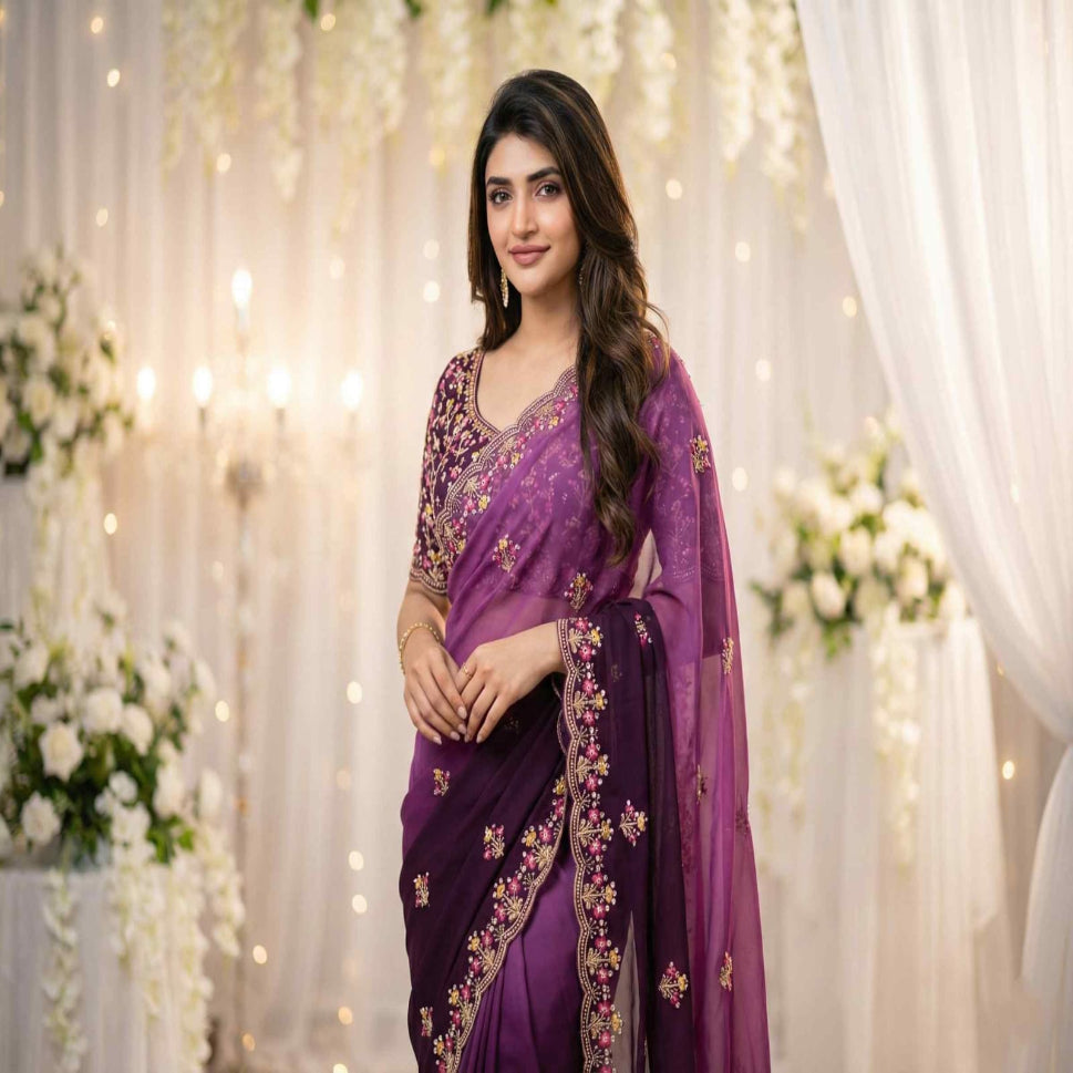 Elegant Olive Green Embroidered Saree with Floral Designer Border – Festive & Party Wear