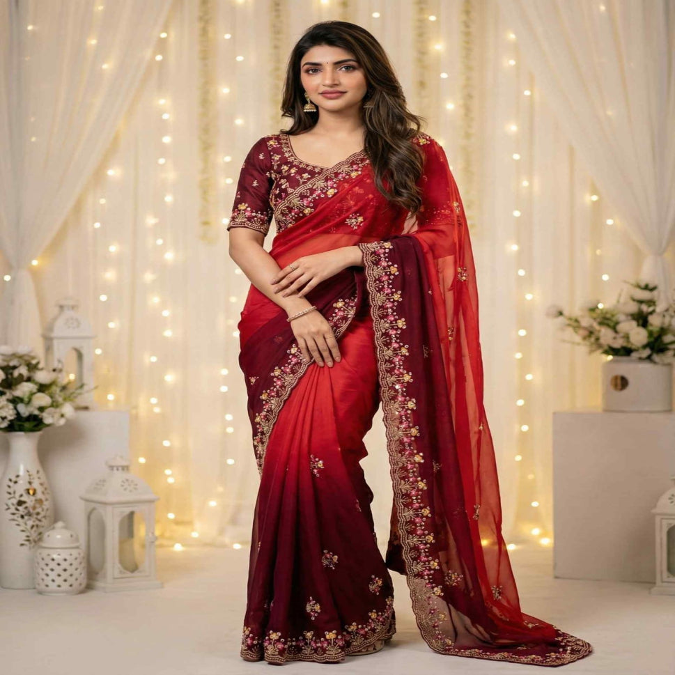 Elegant Olive Green Embroidered Saree with Floral Designer Border – Festive & Party Wear