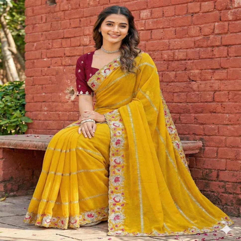 Elegant Mustard Yellow Embroidered Saree with Floral Designer Border – Festive & Party Wear