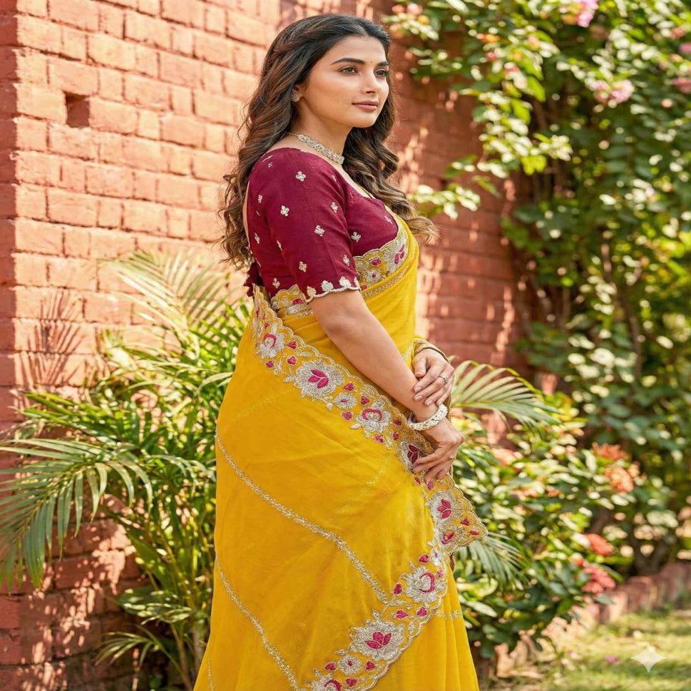 Elegant Mustard Yellow Embroidered Saree with Floral Designer Border – Festive & Party Wear